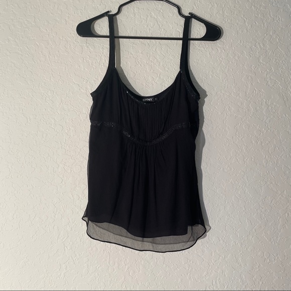 DKNY 8 100% silk Black top blouse camisole tank sequins excellent party formal - Picture 10 of 11